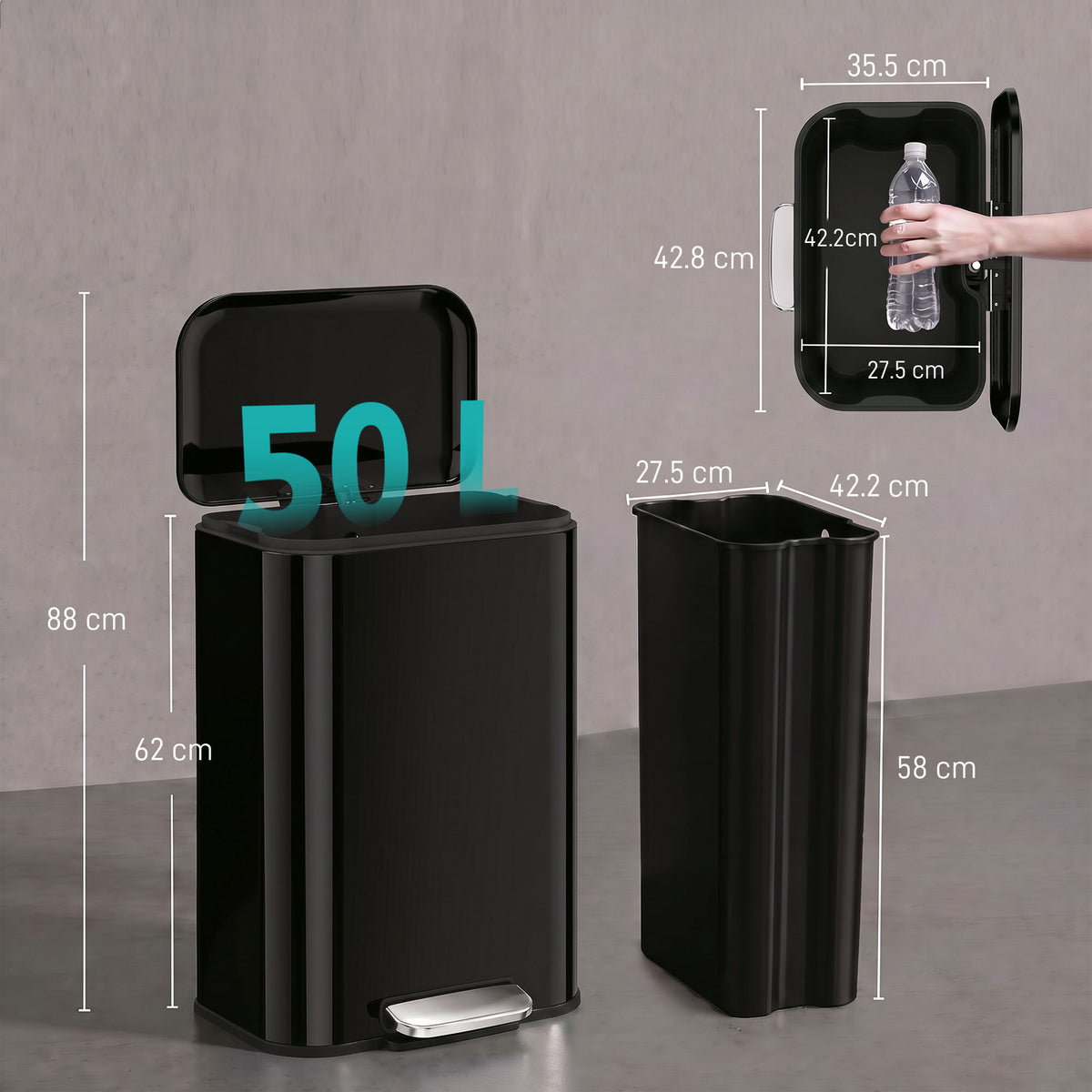 Black kitchen pedal bin with removable inner bucket and size diagram