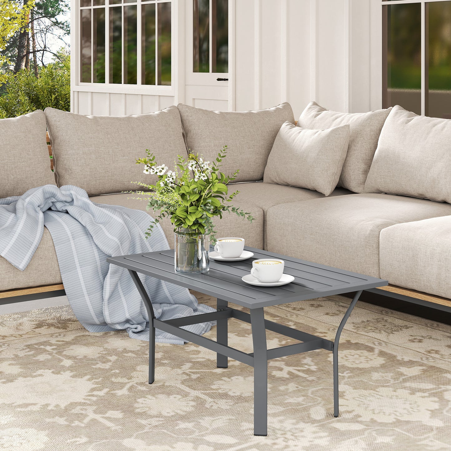 Outsunny Metal Garden Coffee Table Rectangular Outdoor Side Table With Slatted Tabletop 91.5 x 55 x 45 cm Dark Grey
