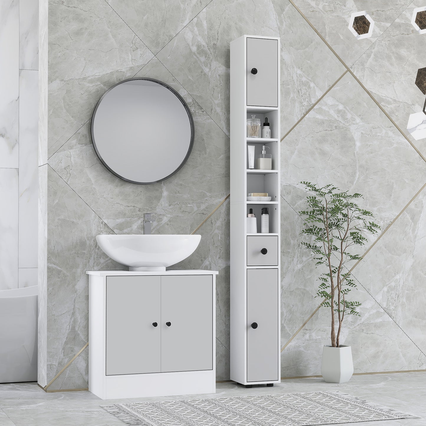 Kleankin 180cm Slim Bathroom Cabinet With Drawer Shelves And Cupboards Light Grey