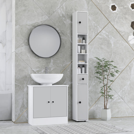 Kleankin 180cm Slim Bathroom Cabinet With Drawer Shelves And Cupboards Light Grey