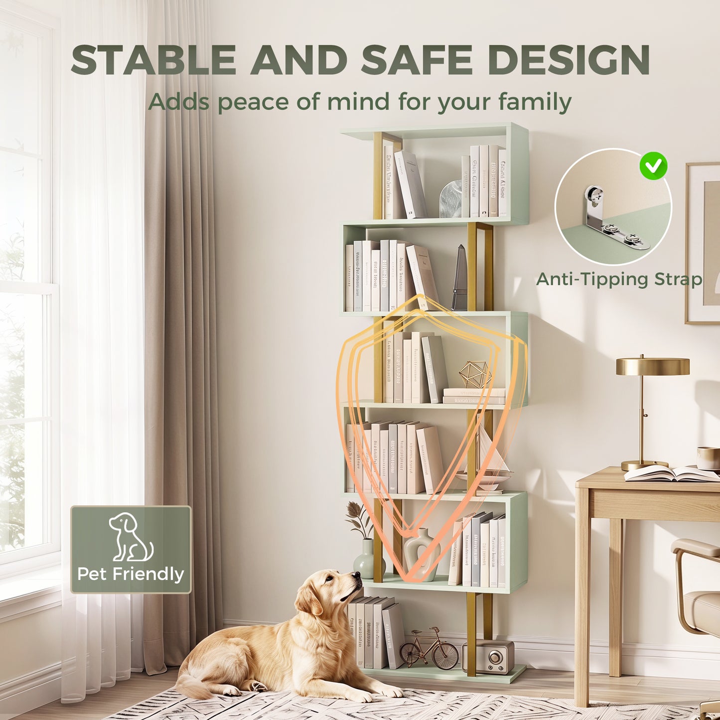 HOMCOM S Shaped Bookshelf 5 Tier Freestanding Storage Shelves With Anti Tip Strap For Living Room Light Green