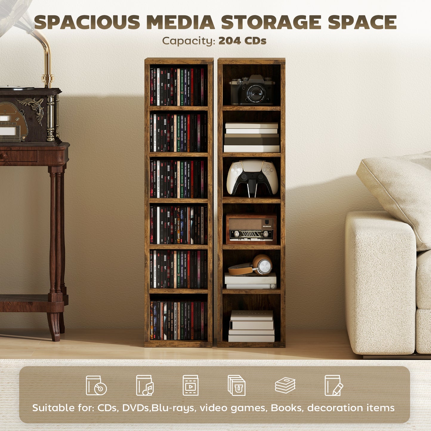 HOMCOM Set Of 2 CD Media Display Shelves Tower Rack With Adjustable Shelves Rustic Brown