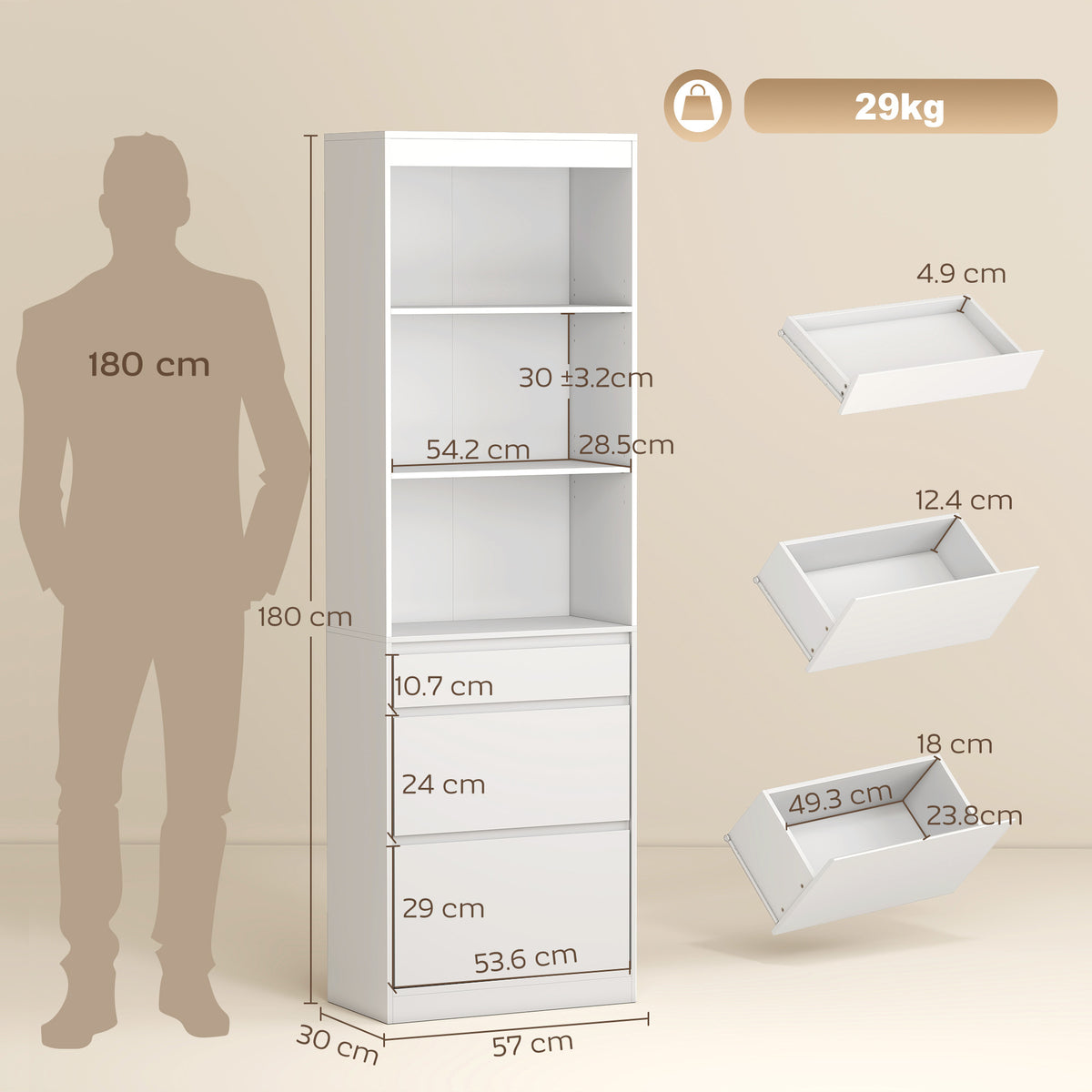 White bookcase size diagram showing three-drawer base and adjustable shelf positions.