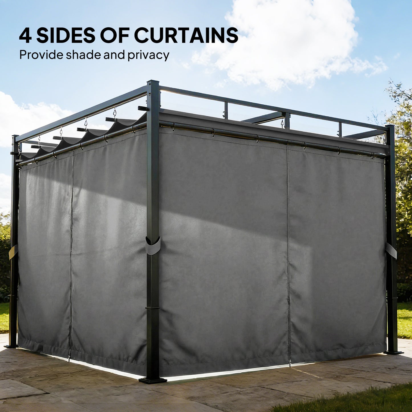 Outsunny 3x3 m Pergola With Retractable Roof Canopy And Curtains UPF30+ Metal Frame Garden Gazebo Sun Shade Dark Grey