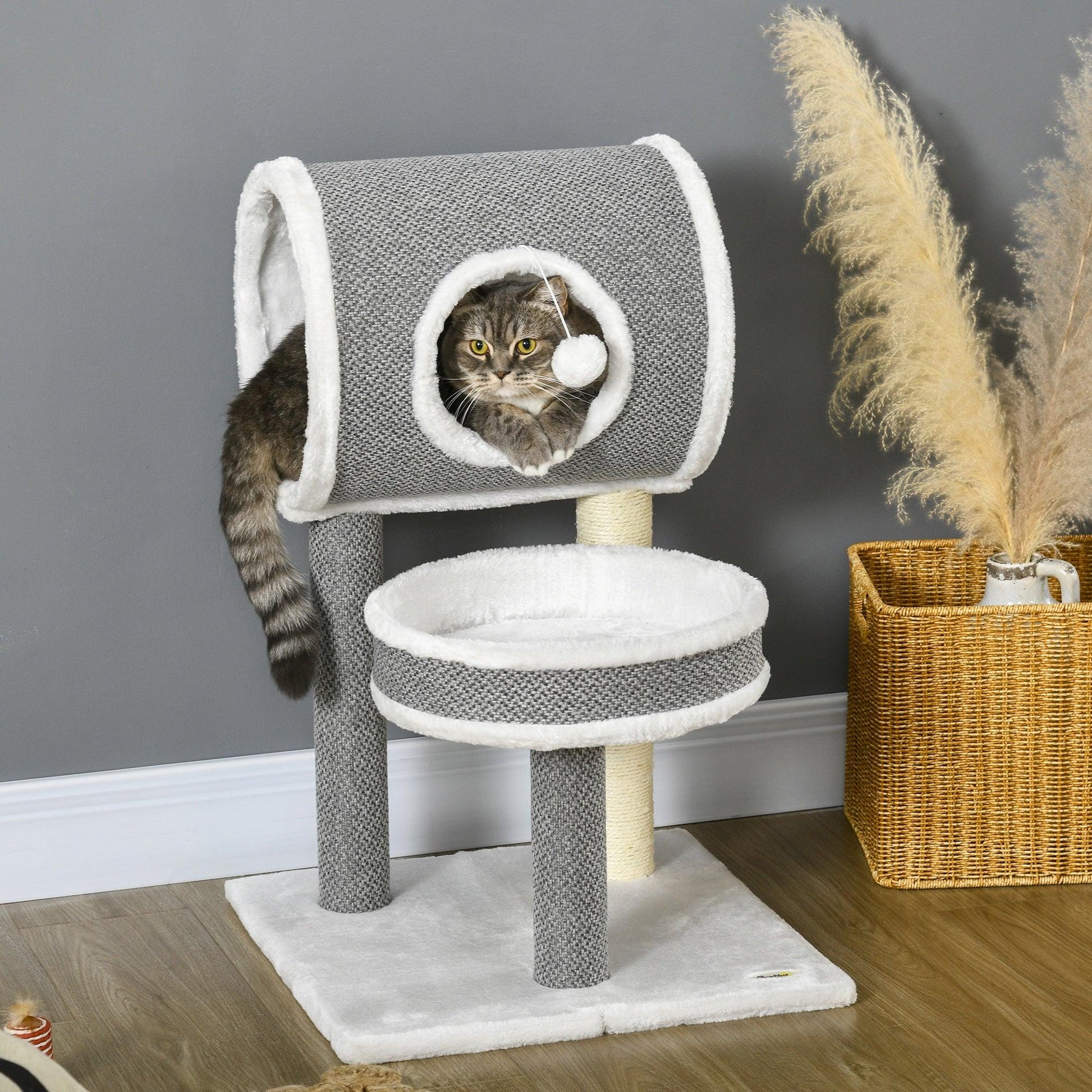 PawHut White Cat Tree with Scratching Post, Bed, Tunnel, Toy Ball - 48x48x73cm - ALL4U RETAILER LTD