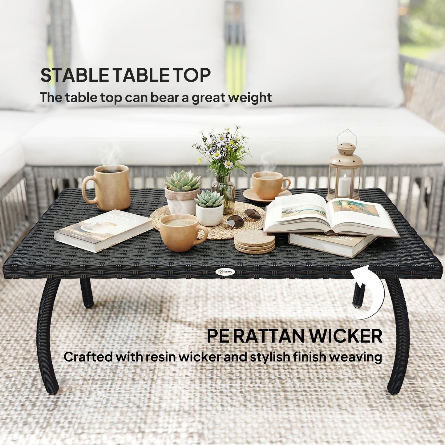 Outsunny PE Wicker Rattan Garden Outdoor Coffee Table Black Rectangular All Weather Durable Metal Frame For Patio
