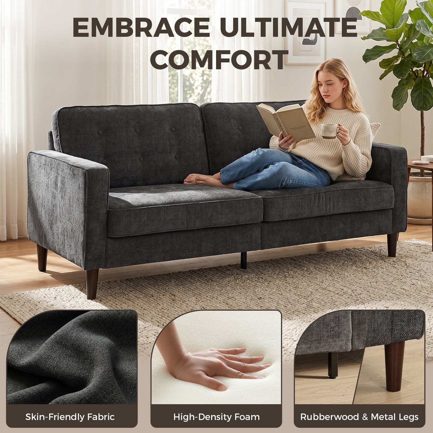 HOMCOM 3 Seater Sofa With Button Tufted Velvet Upholstery And Wood Legs For Living Room In Dark Grey