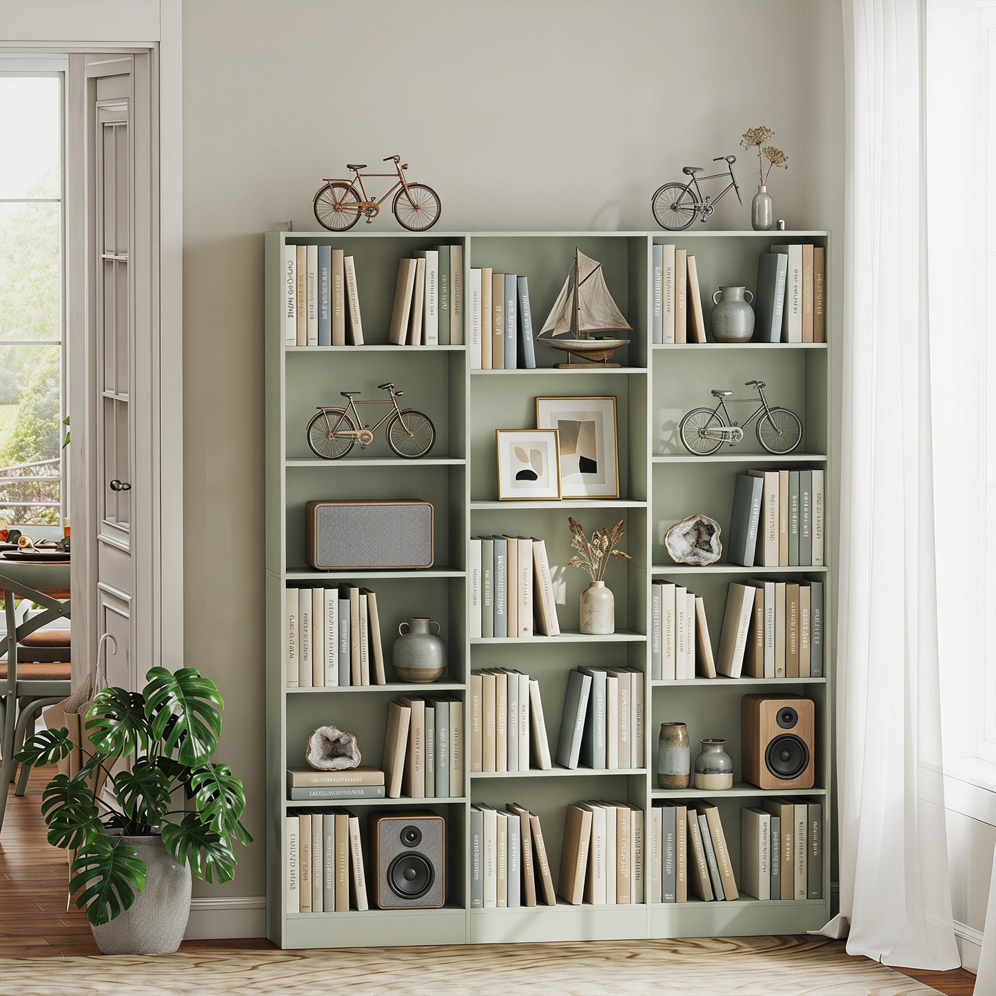 HOMCOM Six Tier Bookcase With Open Storage And Anti Tipping Hardware Adjustable Shelves In Light Green