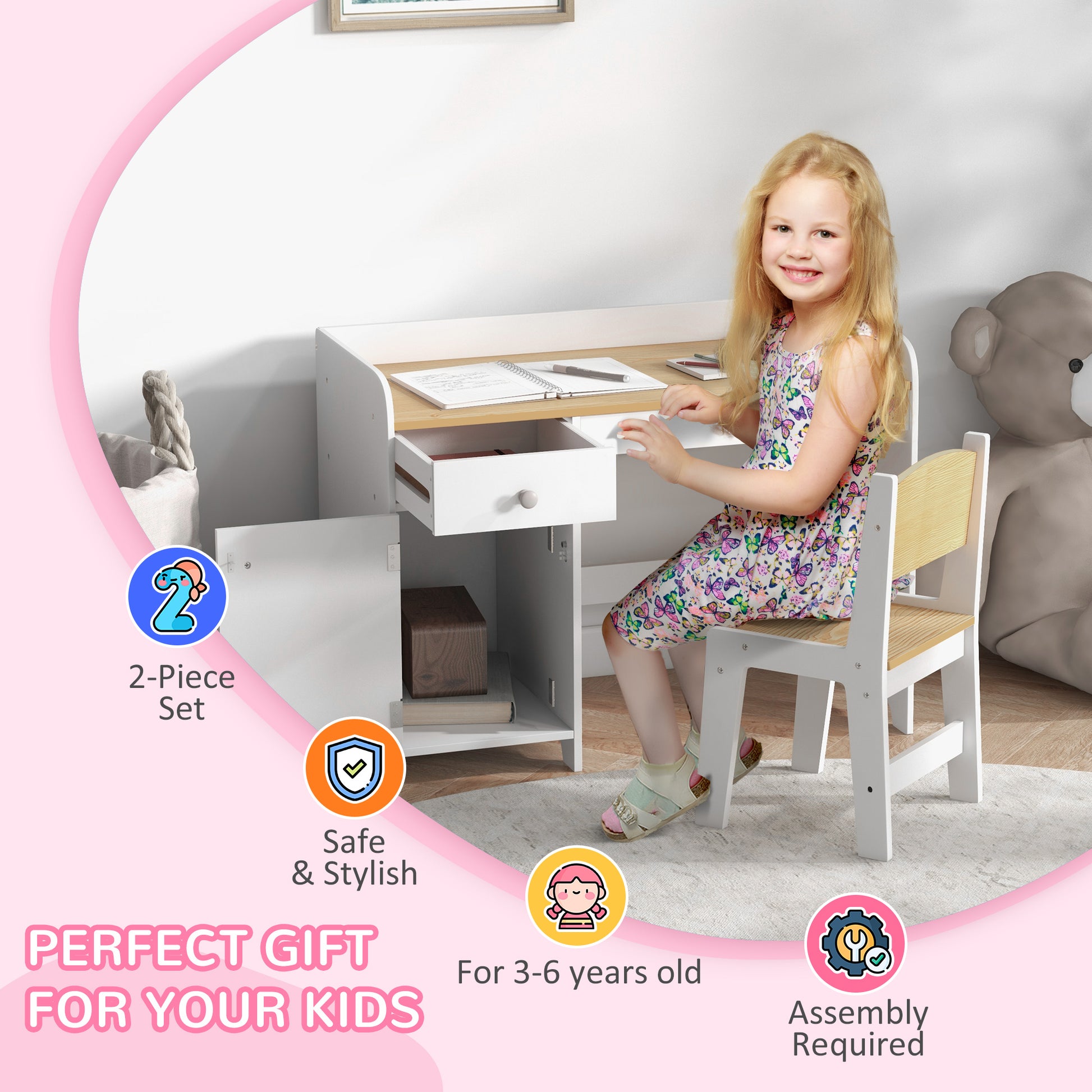 ZONEKIZ Kids Study Desk and Chair Set with Storage Drawer for Ages 3-6, White - ALL4U RETAILER LTD