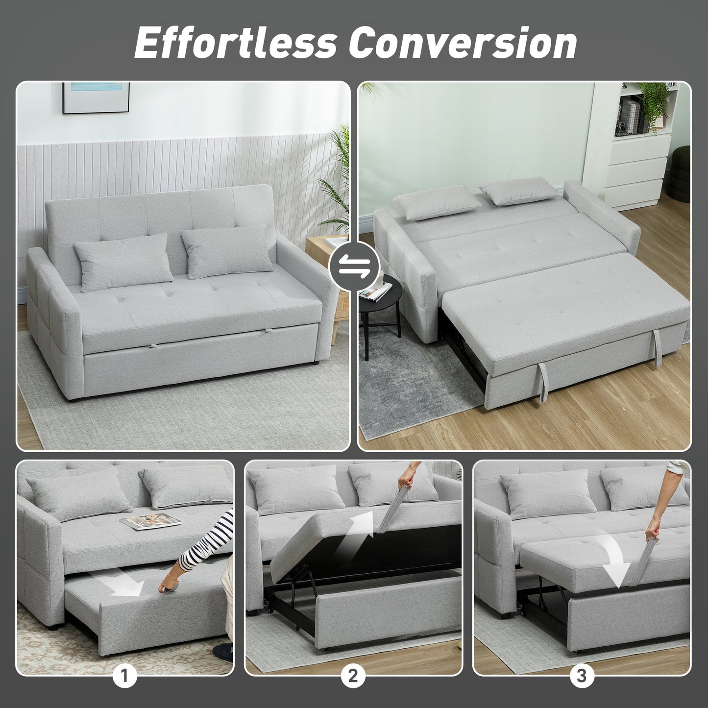 HOMCOM Three Way Two Seater Sofa Bed Light Grey Three In One Compact Linen Look Upholstered Sofa