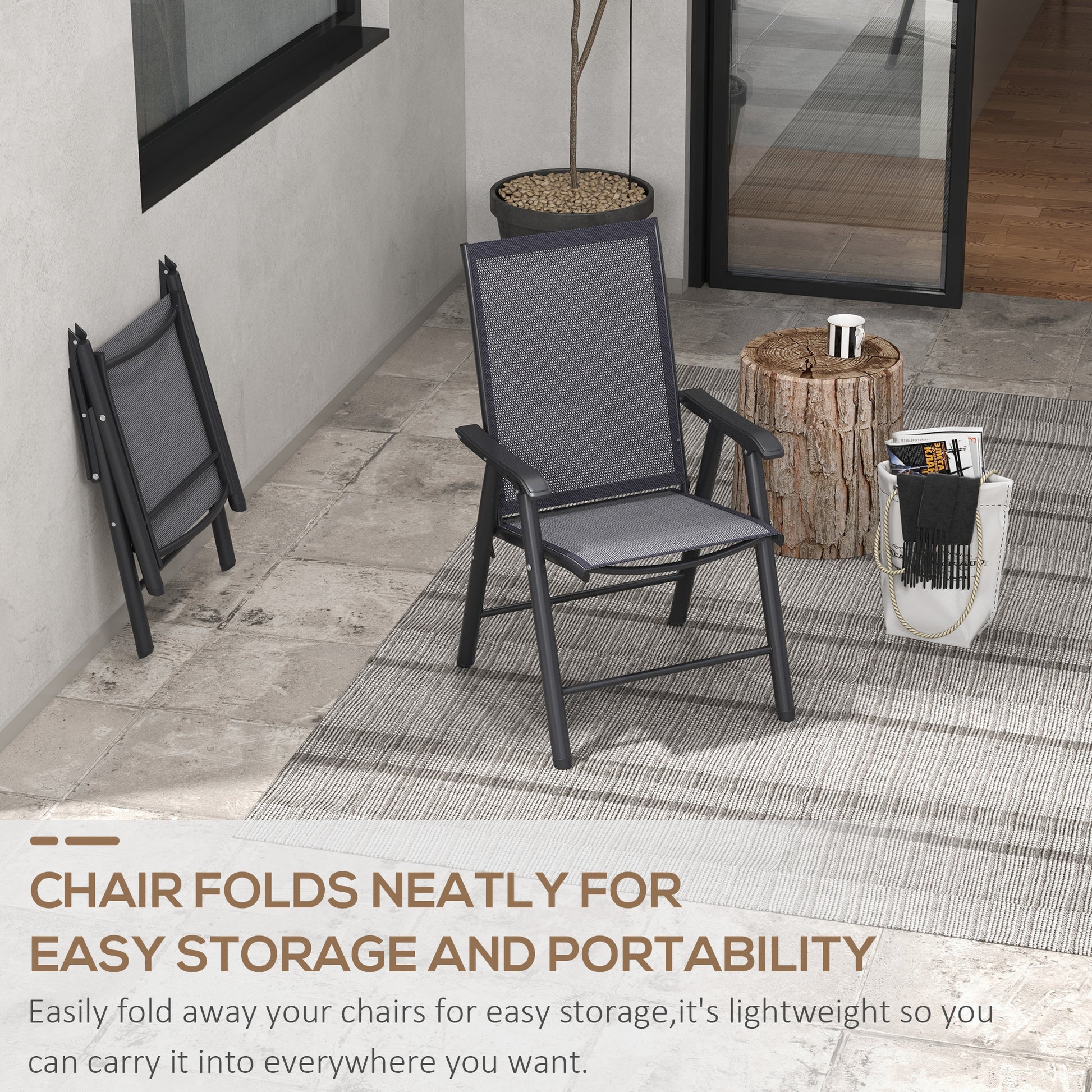 Outsunny Set of 4 Portable Metal Folding Outdoor Chairs with Breathable Mesh - Dark Grey - ALL4U RETAILER LTD