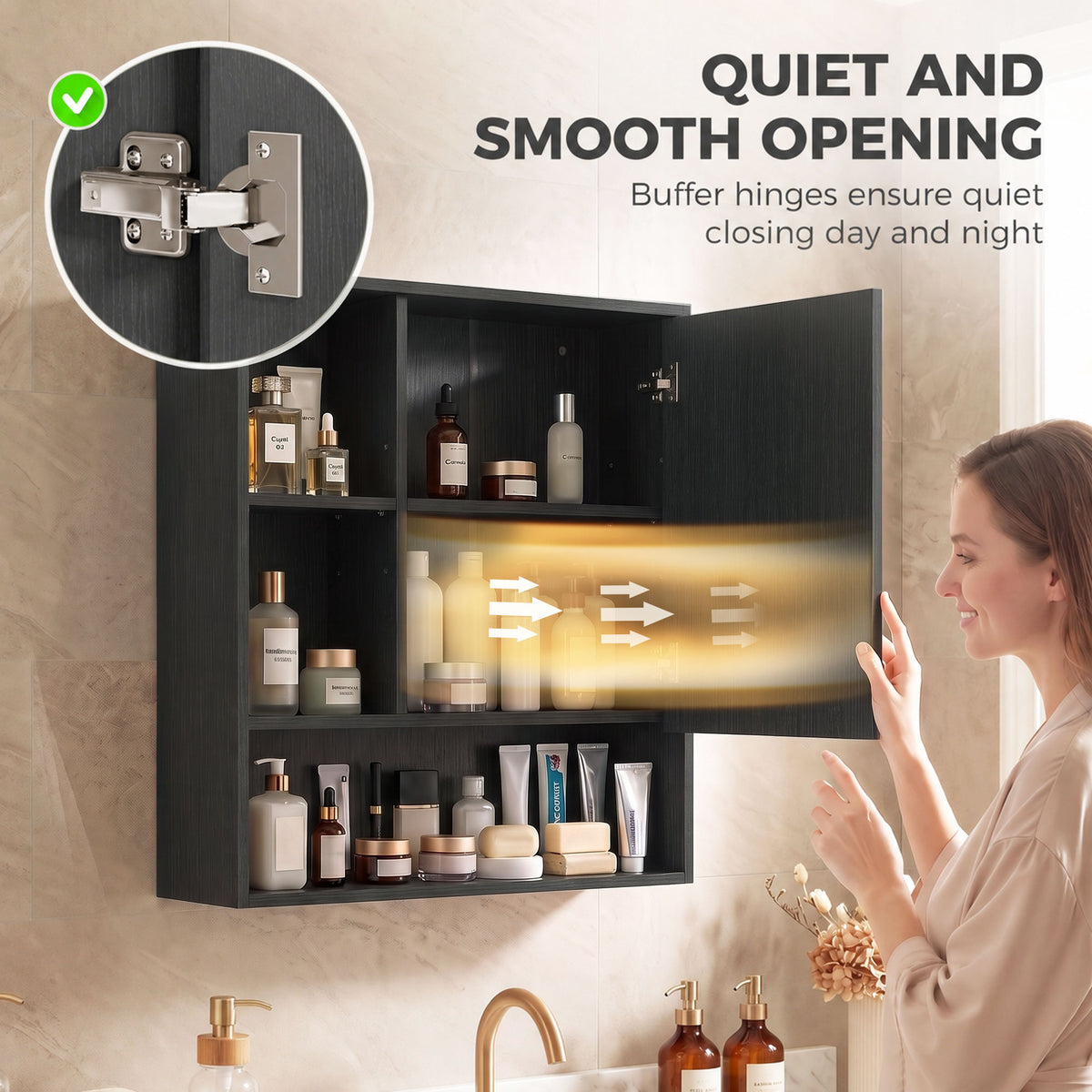 Black bathroom mirror cabinet with quiet soft-close hinges and open storage shelves