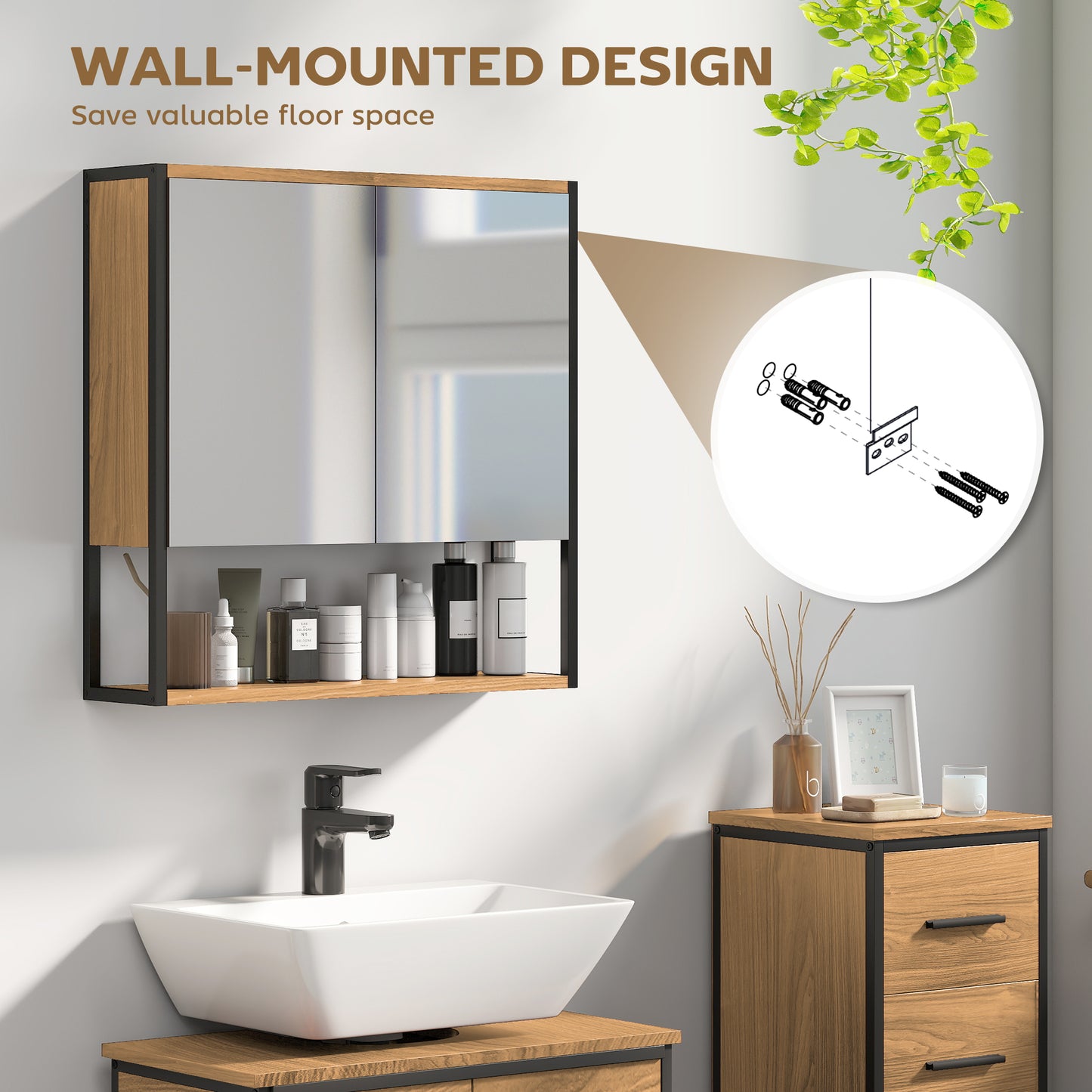 HOMCOM Bathroom Mirror Cabinet With Soft Close Doors And Adjustable Shelf In Natural Wood Finish For Modern Bathrooms