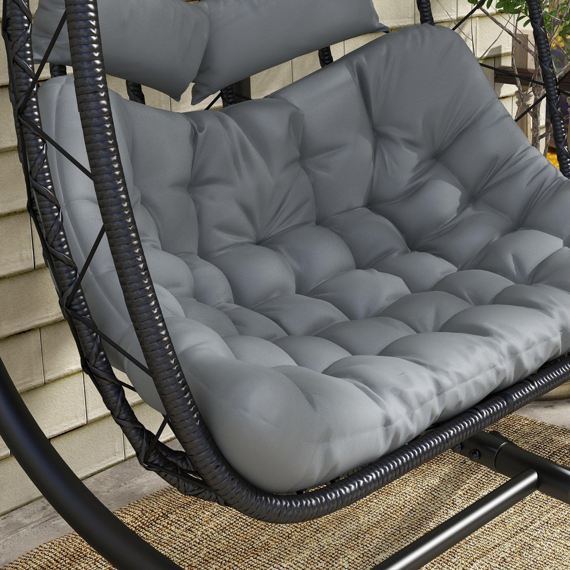 Outsunny Outdoor PE Rattan Double-seater Swing Chair w/ Thick Padded Cushion, Patio Hanging Chair for 2 w/ Metal Stand, Headrest, Black - ALL4U RETAILER LTD