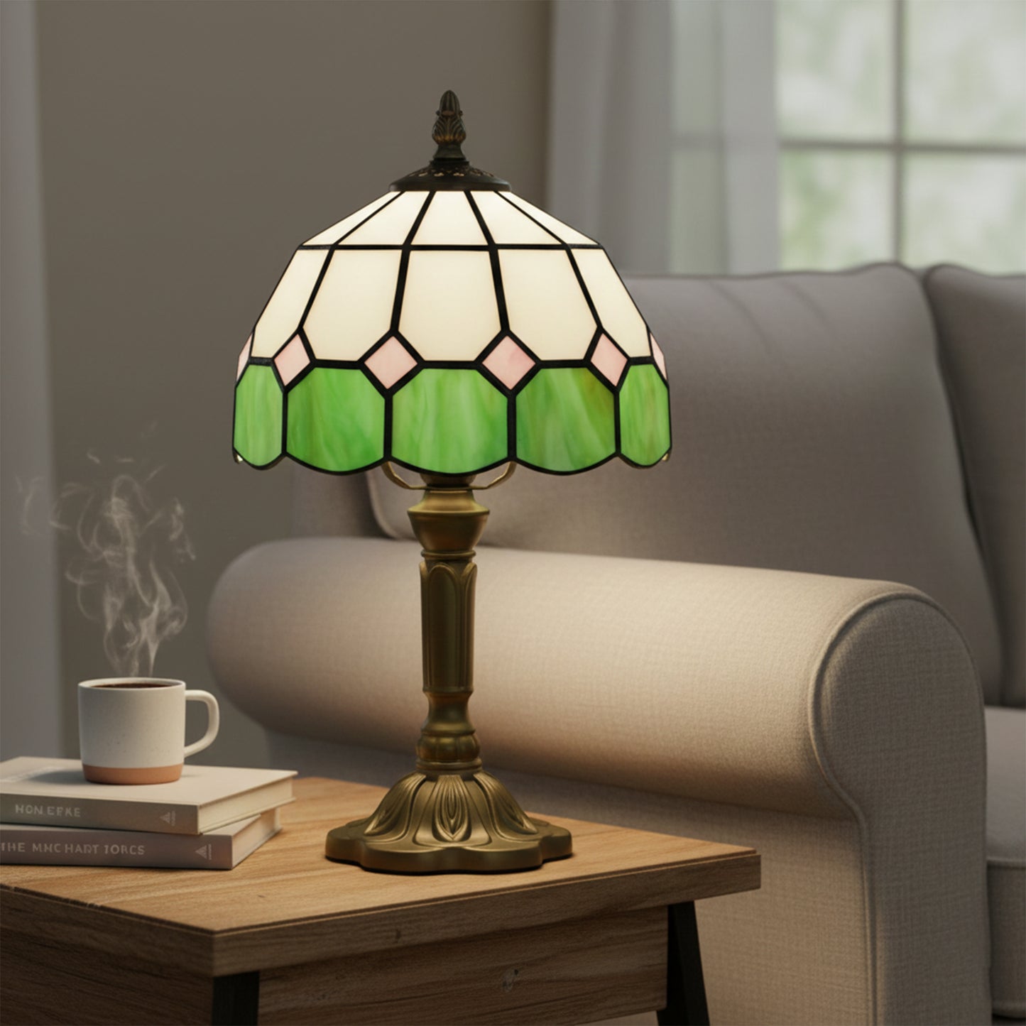 HOMCOM Handmade Art Deco Glass Table Lamp White And Green Stained Glass Shade Design