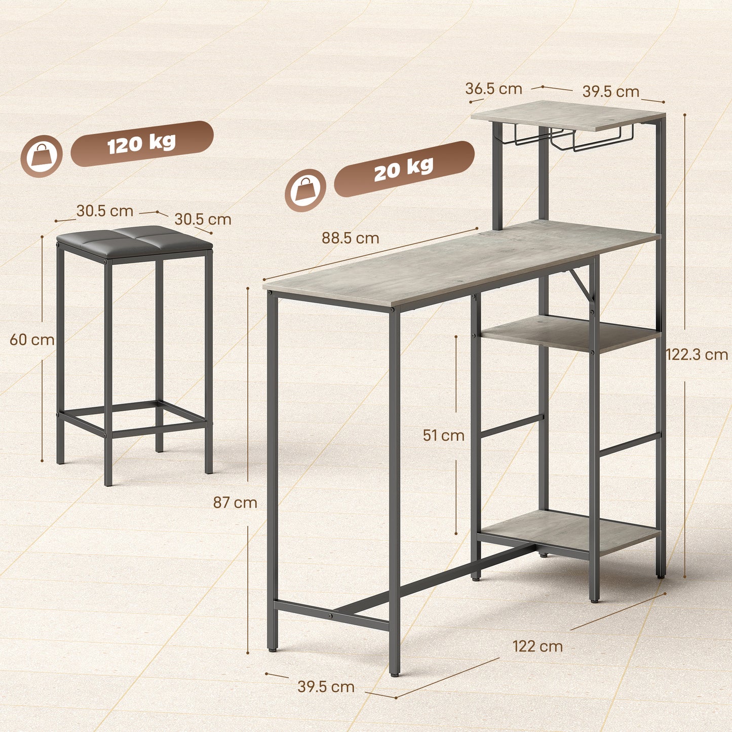 HOMCOM 3 Piece Breakfast Bar Table And Stools Set Washed Grey With 4 Tier Shelving And Wine Glass Racks