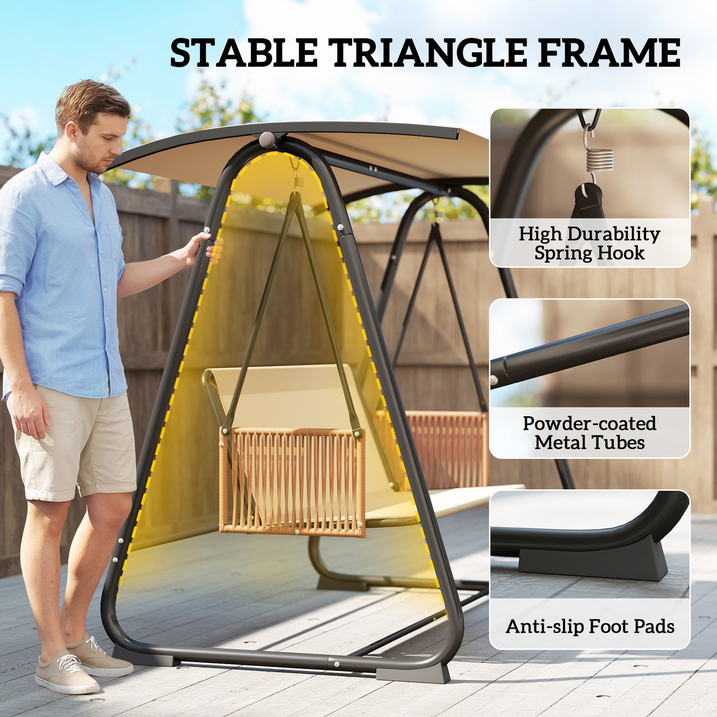 Outsunny 3 Seater Swing Chair With Adjustable Canopy Garden Swing Seat Outdoor Hammock Bench Cushions Sand Brown