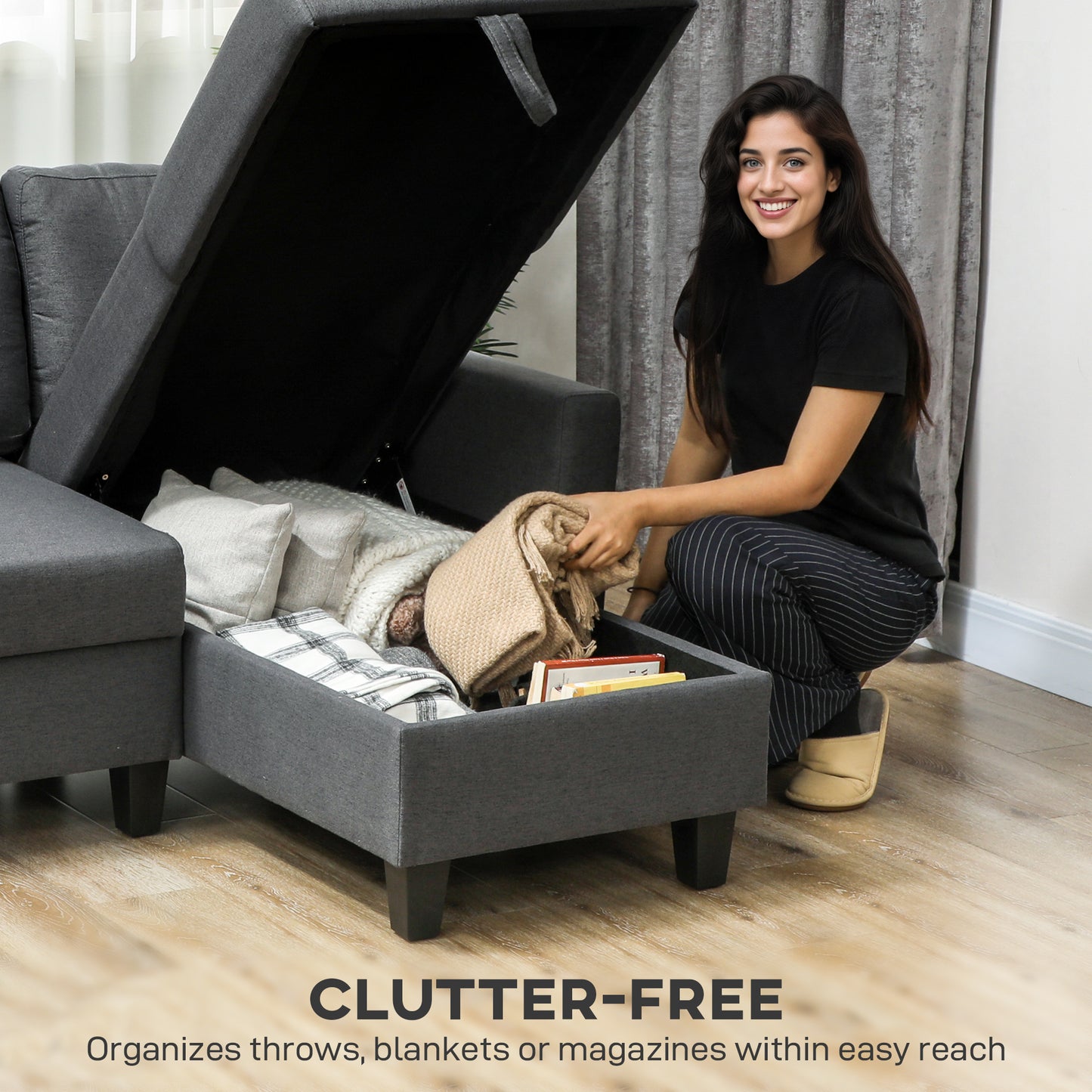 HOMCOM Three Seater Storage Sofa Bed With Hidden Chaise Storage And High Density Cushions Charcoal Grey