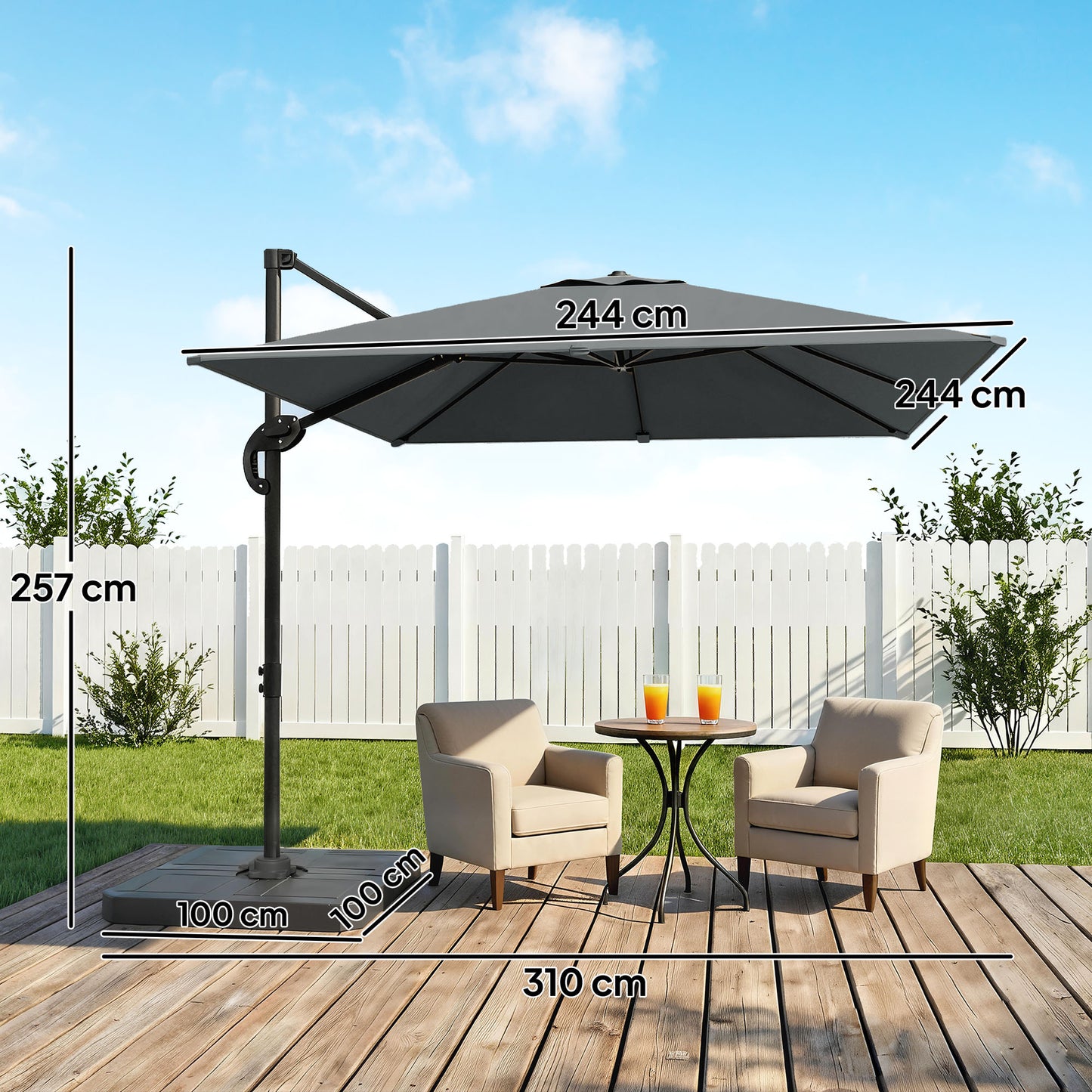 Outsunny 2.4 x 2.4m Cantilever Parasol With Weights UPF50+ Offset Outdoor Umbrella Easy Tilt Adjustment Dark Grey