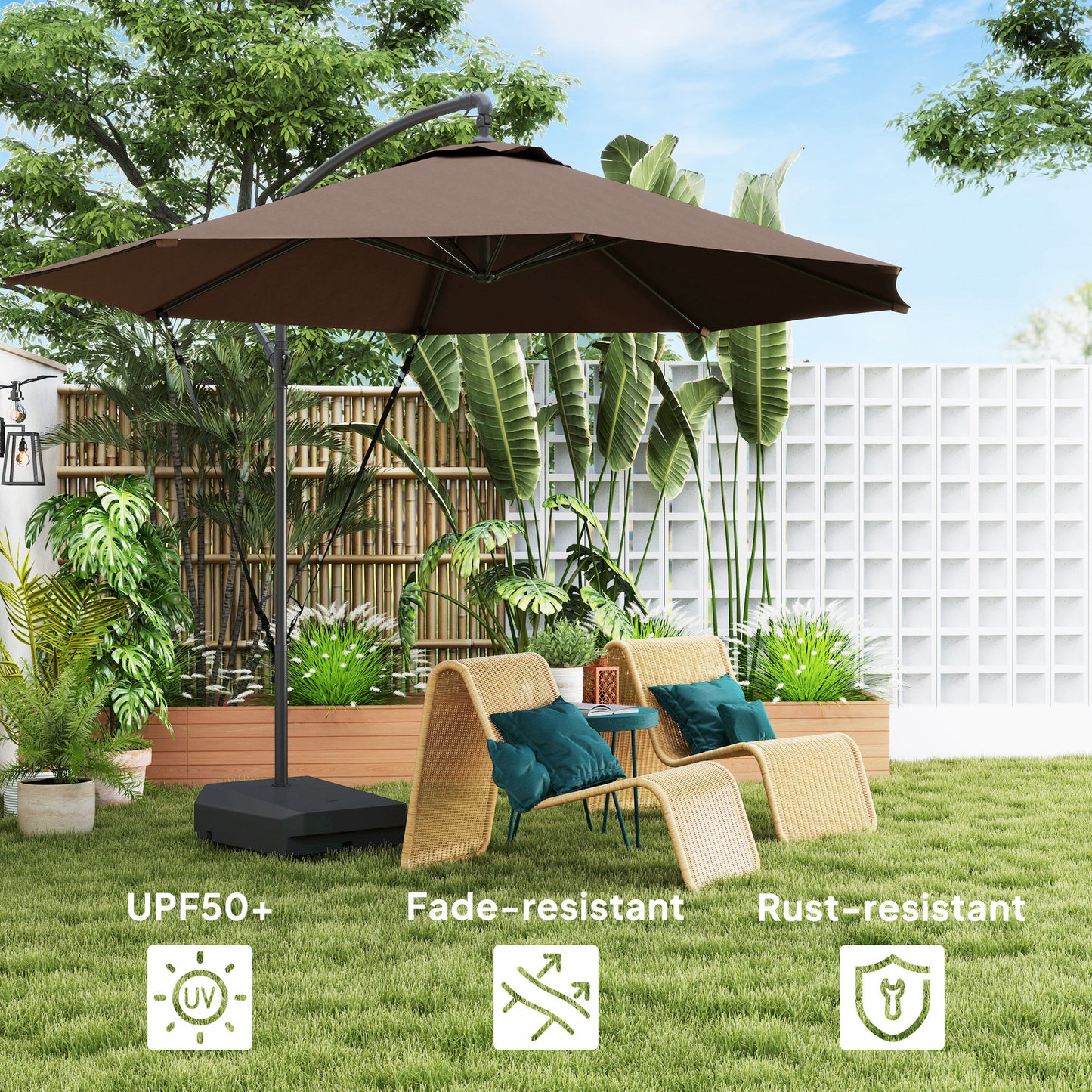 Outsunny 3m Cantilever Garden Parasol With Fillable Base Up To 90kg Wind Straps Tilt Crank UPF50Plus Brown Cover