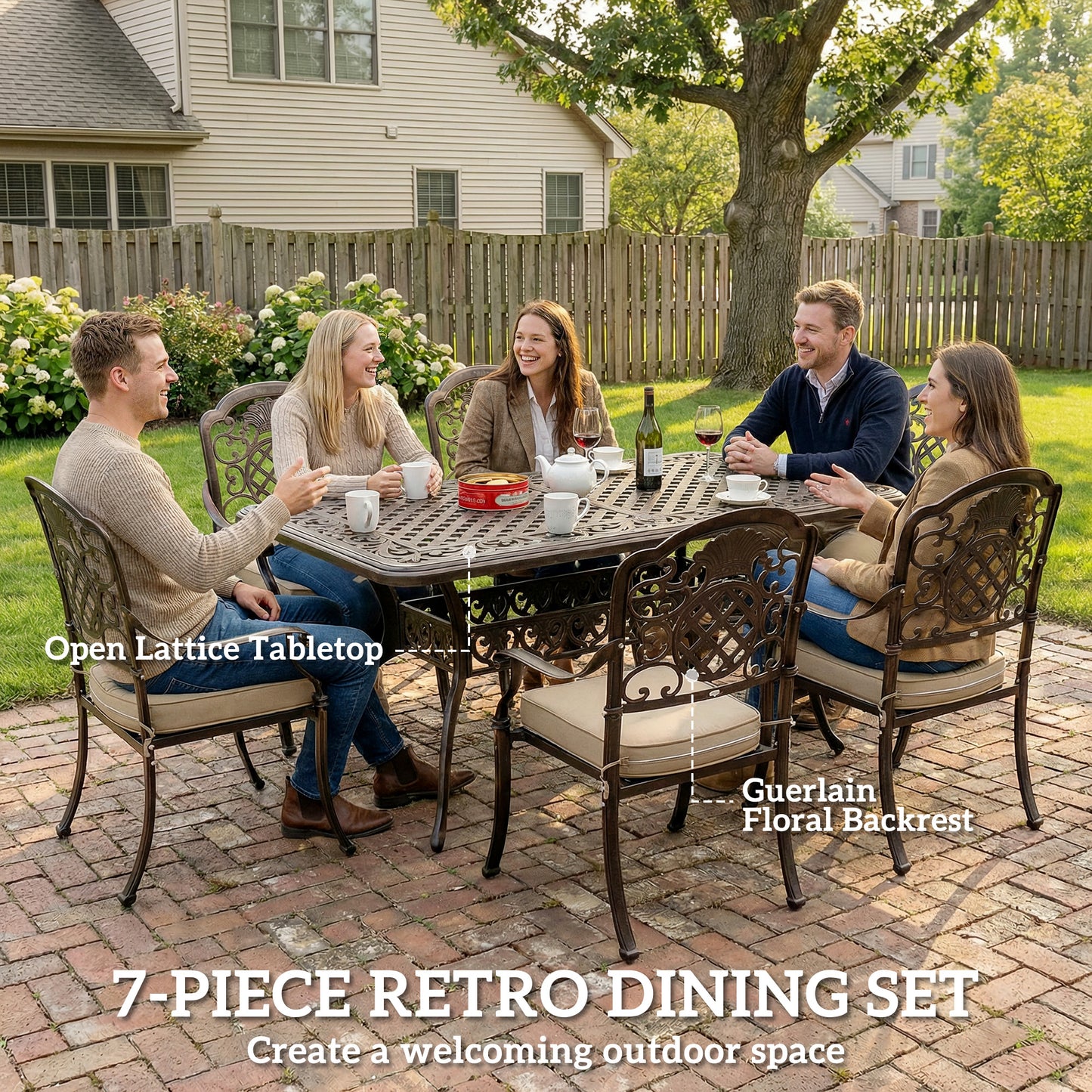 Outsunny Garden Dining Set For 6 Cast Aluminium Outdoor Table And Chairs With Cushions And Parasol Hole Bronze Tone