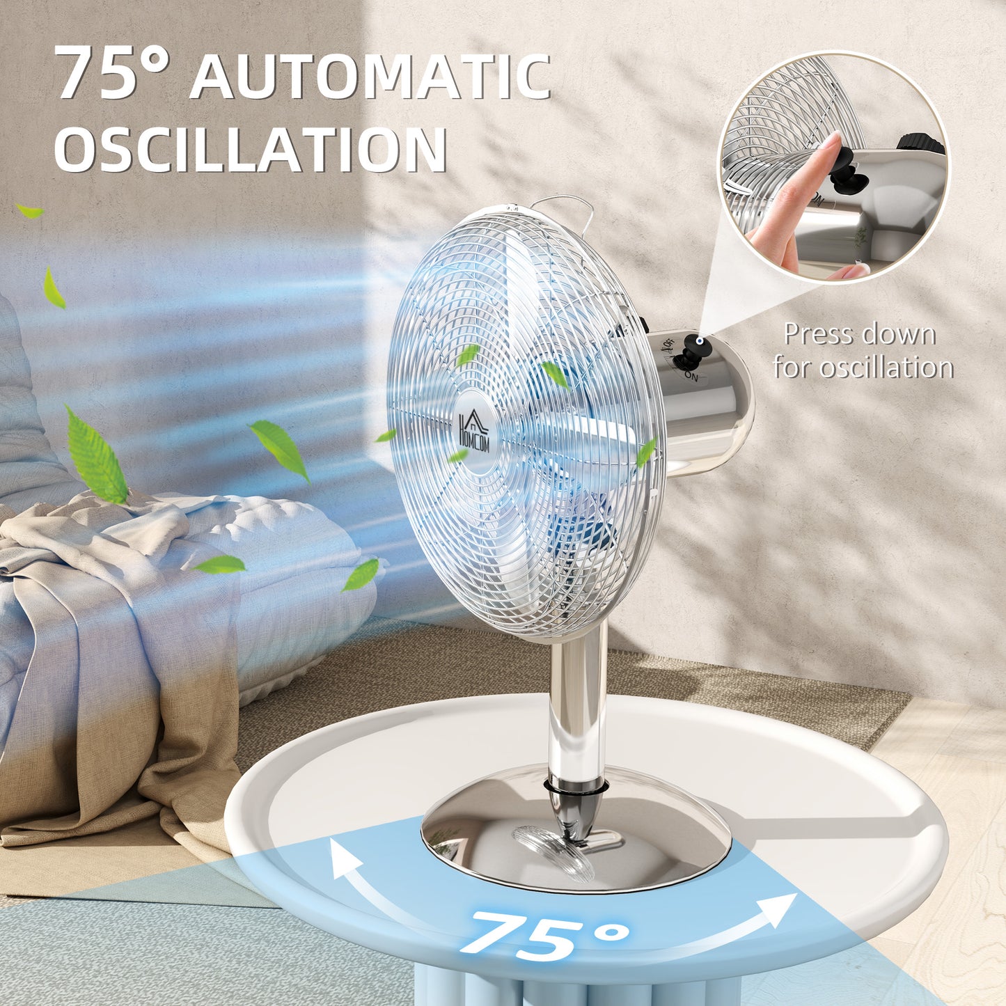 HOMCOM Three Speed Oscillating Desk Fan With 12 Inch Metal Blades And Copper Motor 75 Degree Oscillation Manual Tilt