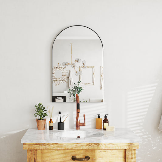 HOMCOM 60 X 90cm Arched Mirror Black With HD Glass And Shatter Resistant Film Plus Mounting Accessories