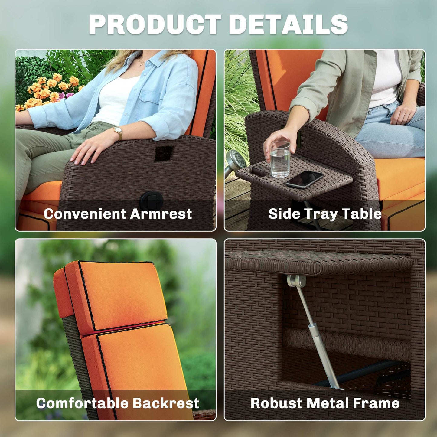Outsunny Outdoor Garden Recliner Chair With Cushion, Adjustable Backrest And Footrest, Side Tray, Orange