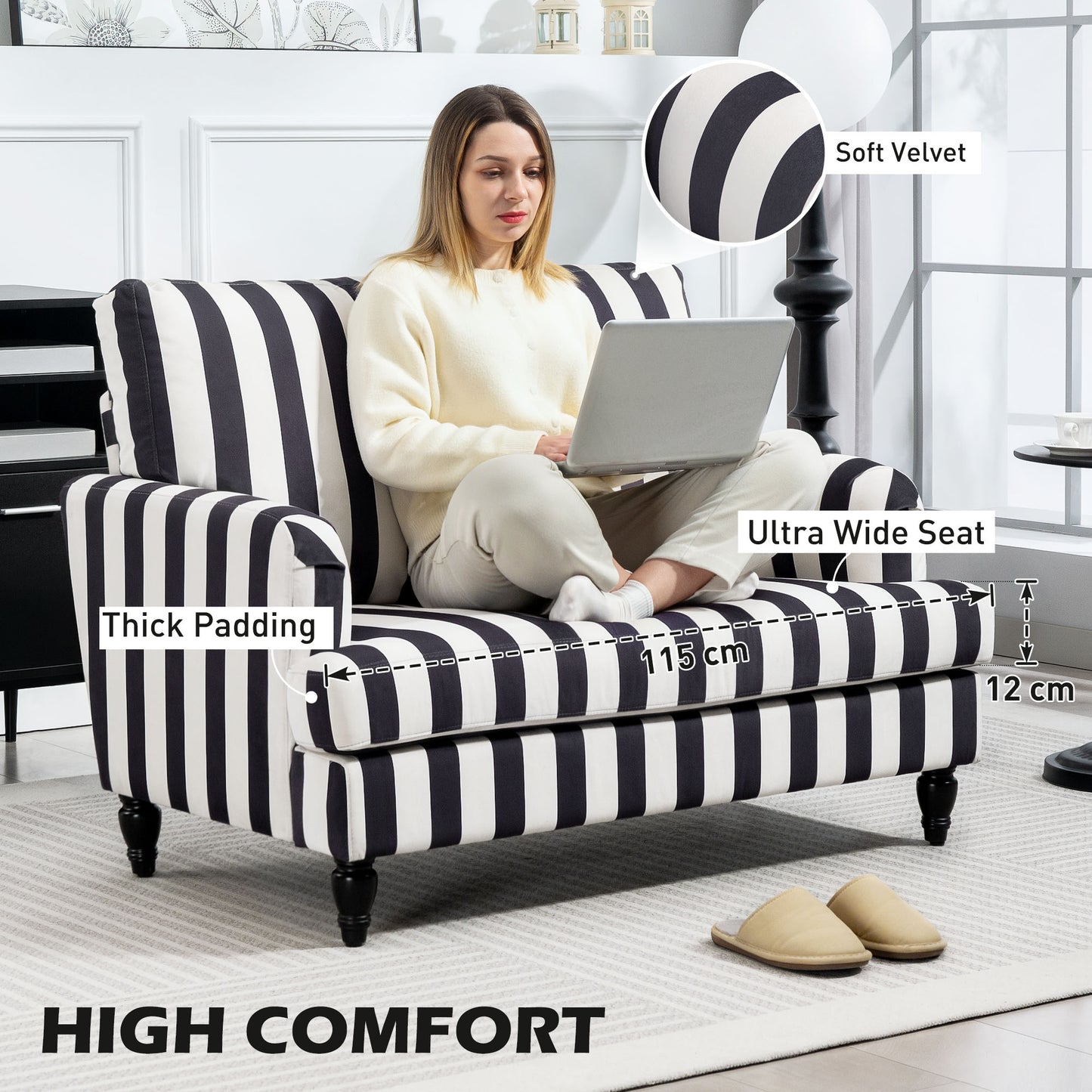 HOMCOM Modern Velvet Cuddle Chair With Stripe Armchair Turned Legs Wide Seat For Living Room And Bedroom Black And White