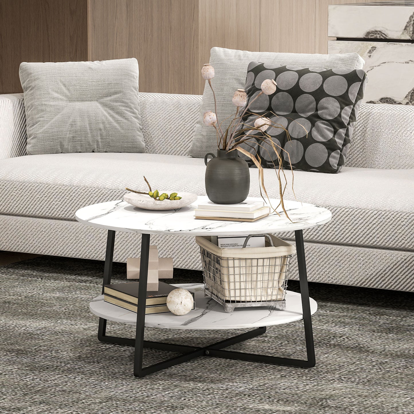HOMCOM Round Two Tier Marble Effect Coffee Table White Black Finish With Adjustable Foot Pads