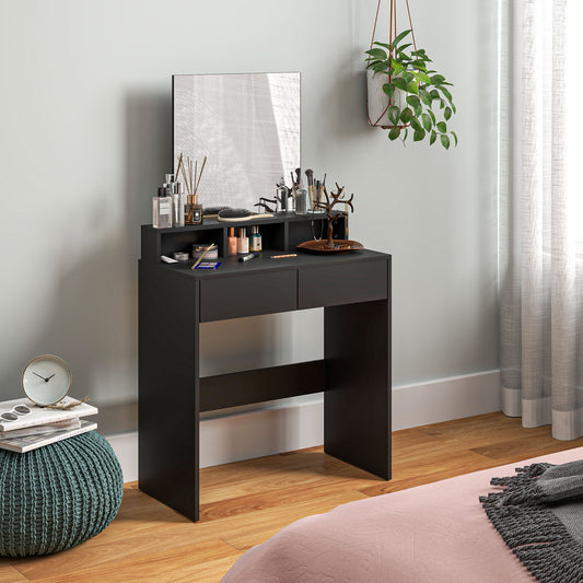 HOMCOM Multi Storage Vanity Dressing Table With Mirror And Drawers In Black With Three Shelves And Anti Tipping Straps