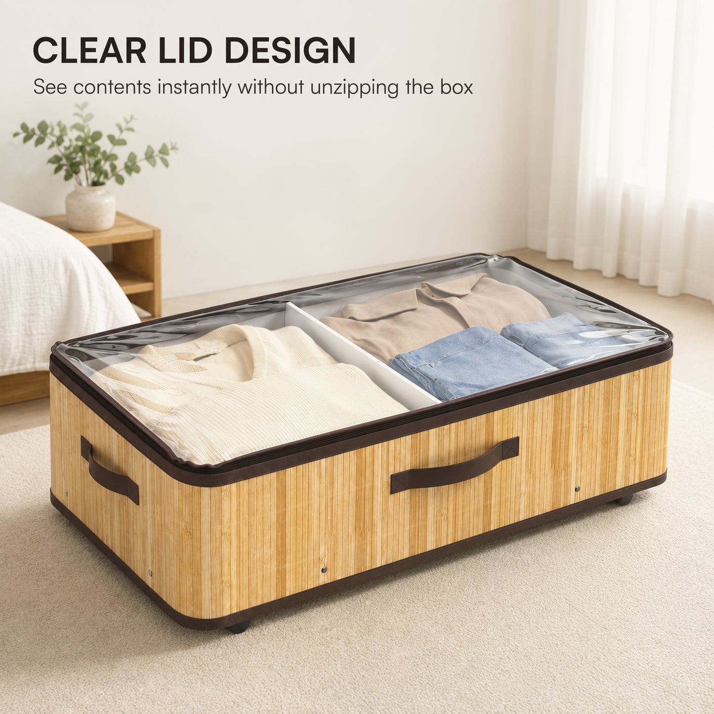 HOMCOM 60L Under Bed Storage Boxes With Wheels And Clear Lid Natural Pack Of 2