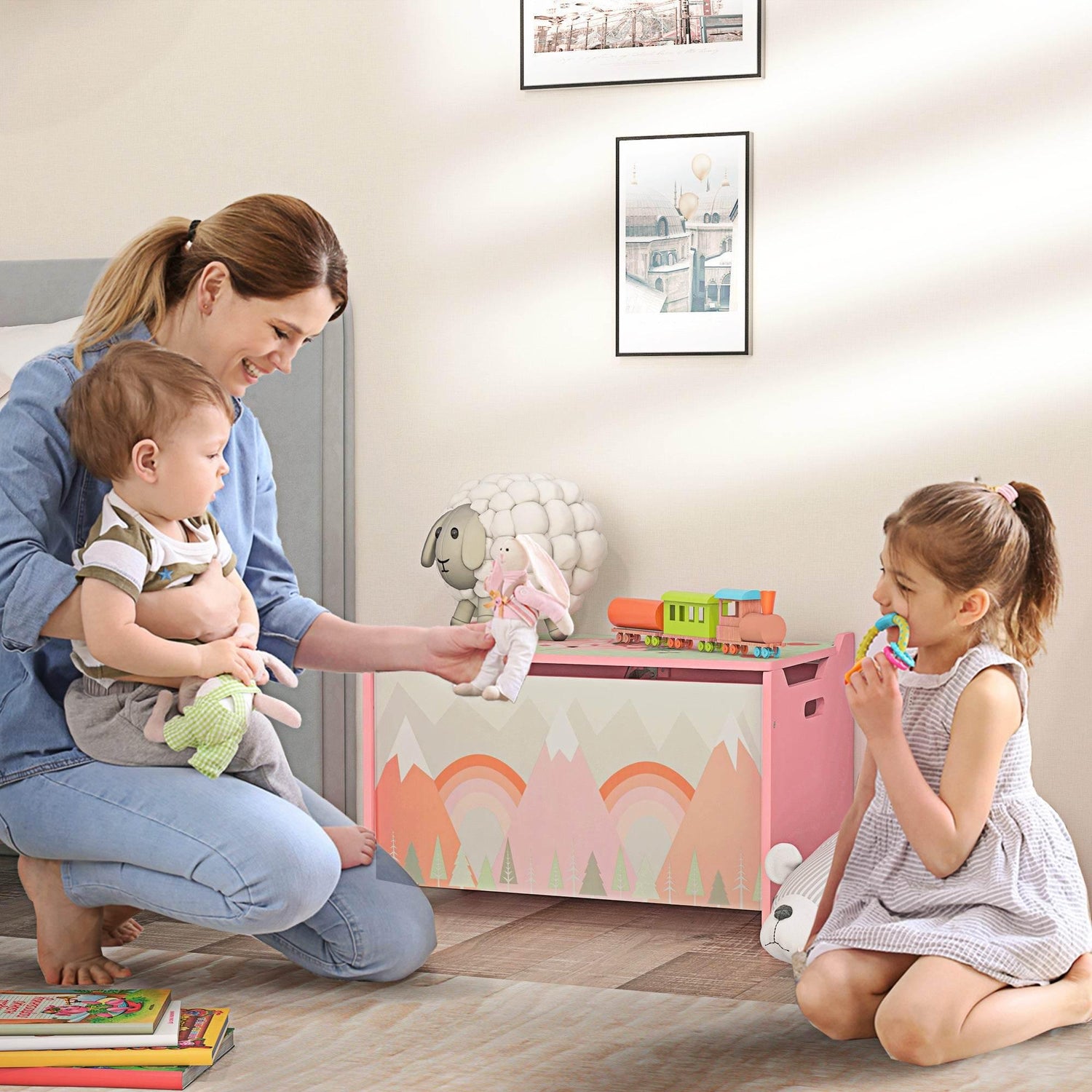 Pink kids toy box with open safety lid and cute animal graphic on front