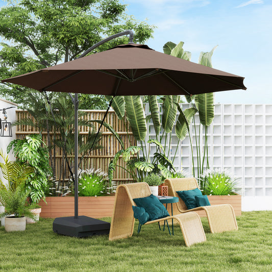 Outsunny 3m Cantilever Garden Parasol With Fillable Base Up To 90kg Wind Straps Tilt Crank UPF50Plus Brown Cover