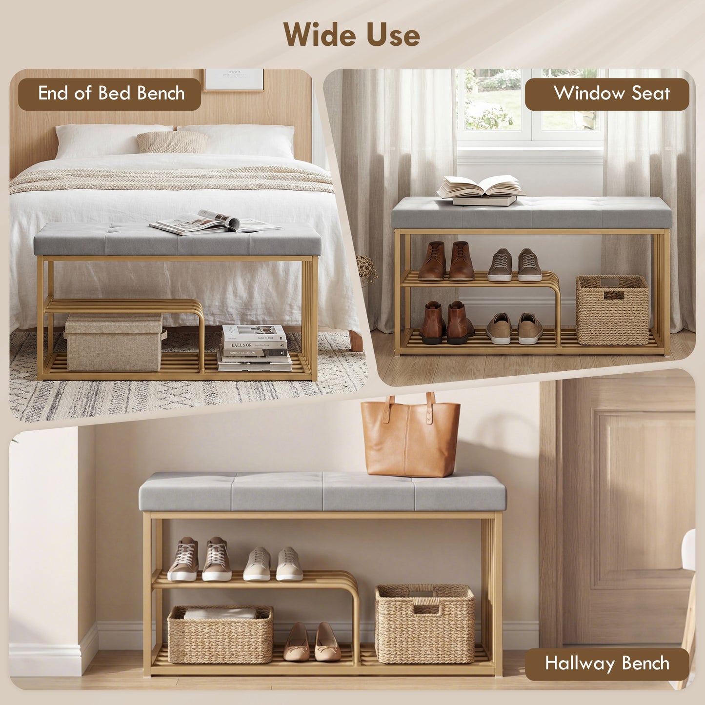 HOMCOM Tufted Velvet Seat Shoe Storage Bench With Gold Steel Frame And Double Tier Storage For Entryway Grey