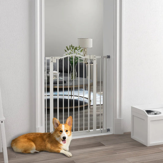 PawHut Metal Pet Safety Gate Dog Gate Folding Fence - Adjustable 74-87cm Width, White