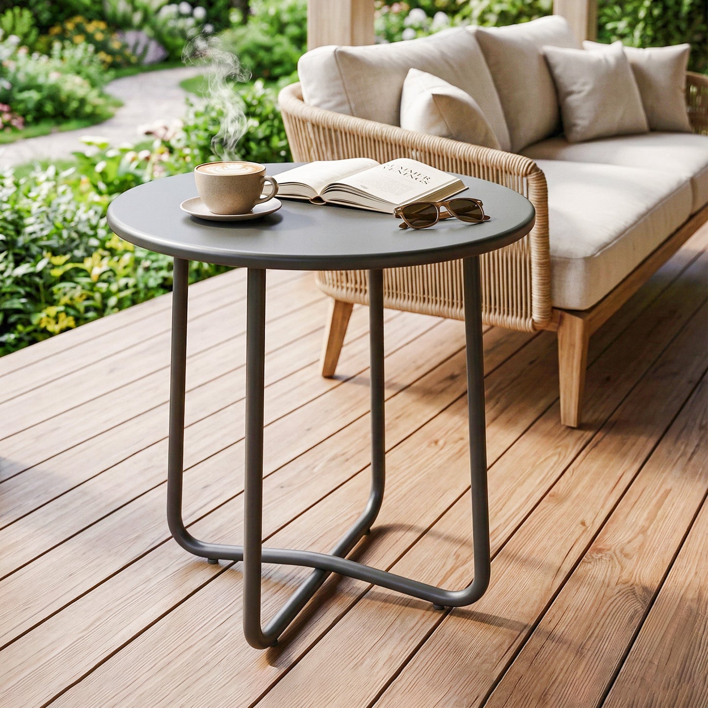 Outsunny 48 cm Round Garden Side Table With Rolled Edge Rust Resistant Metal Outdoor Table Dark Grey