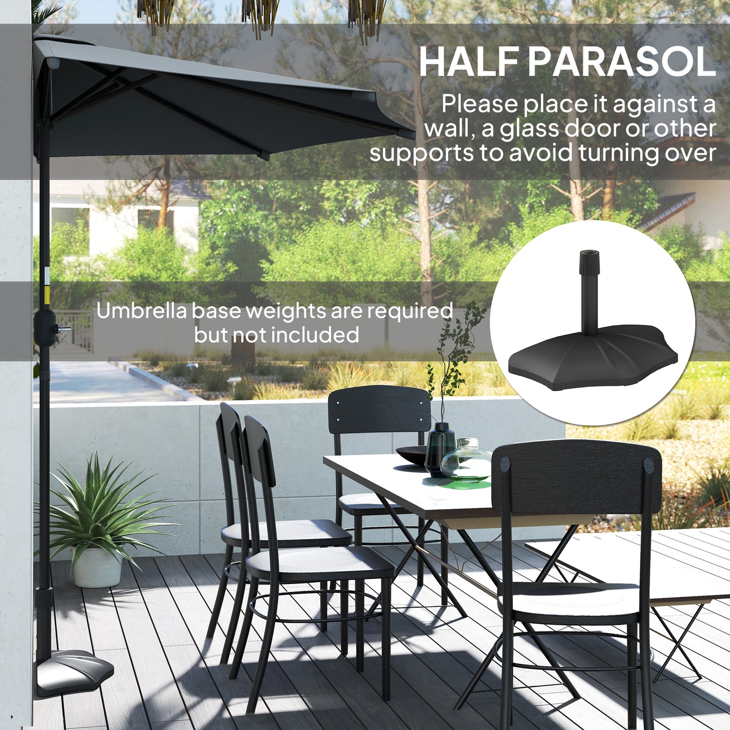 Outsunny 3 Meter Half Parasol Wall Mounted Semi Round Umbrella With Metal Frame Crank Handle Dark Grey