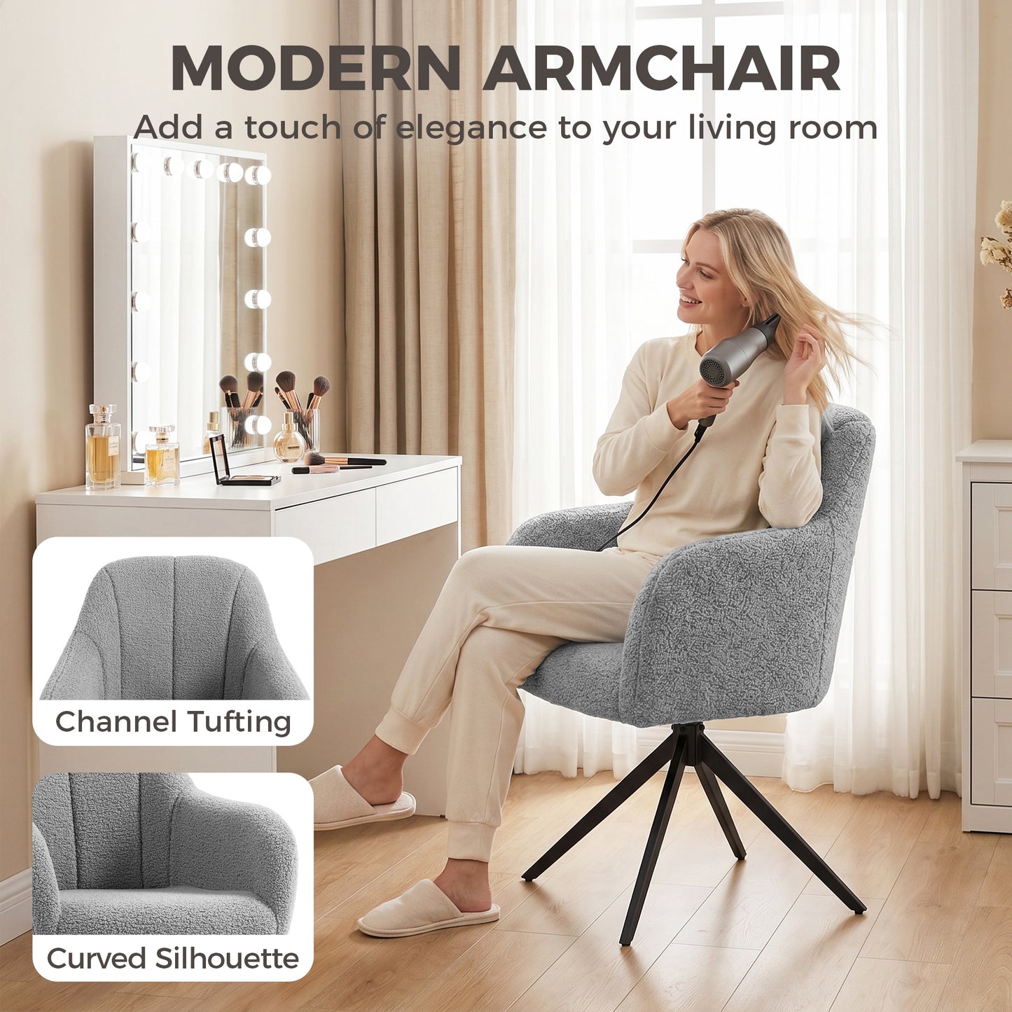 HOMCOM 360 Degree Swivel Accent Chair Snow Flannel Armchair Grey Premium Padded Foam Comfort For Reading
