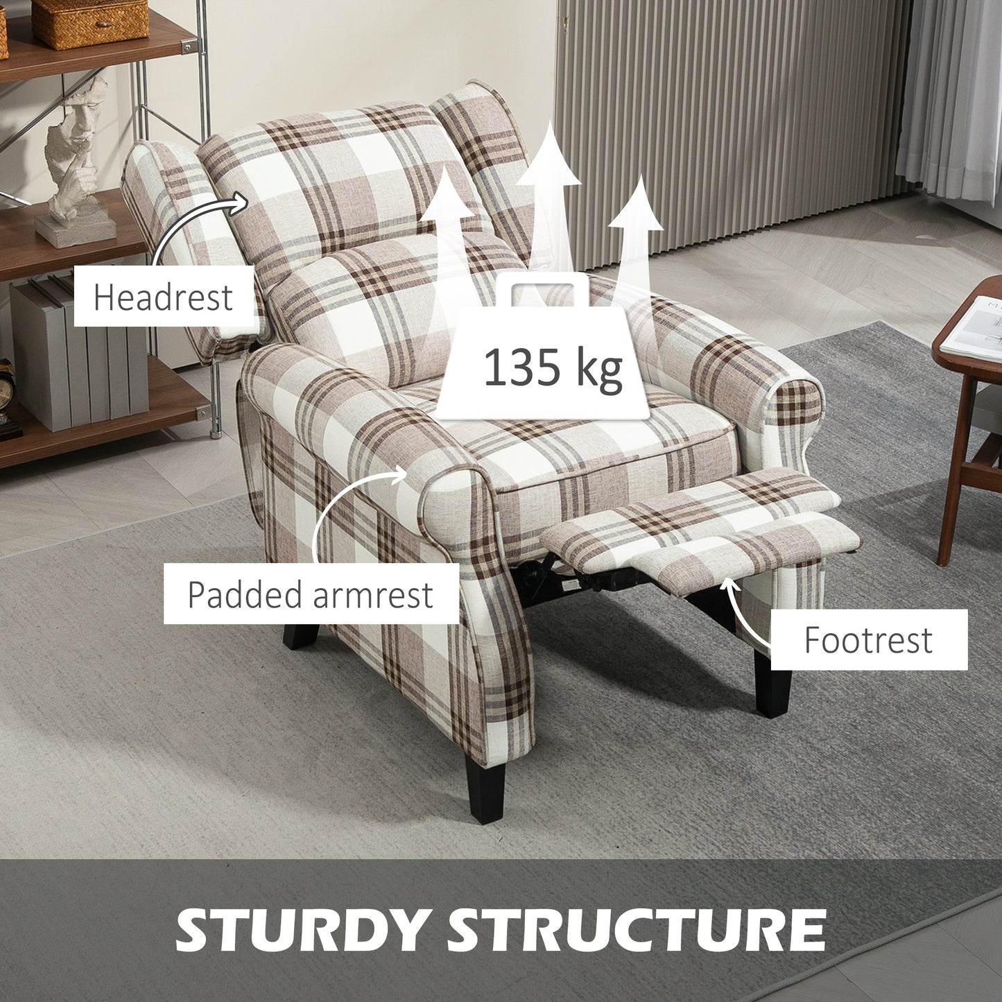 HOMCOM 160 Degree Reclining Armchair With Footrest in Brown Linen Feel Upholstery for Living Room