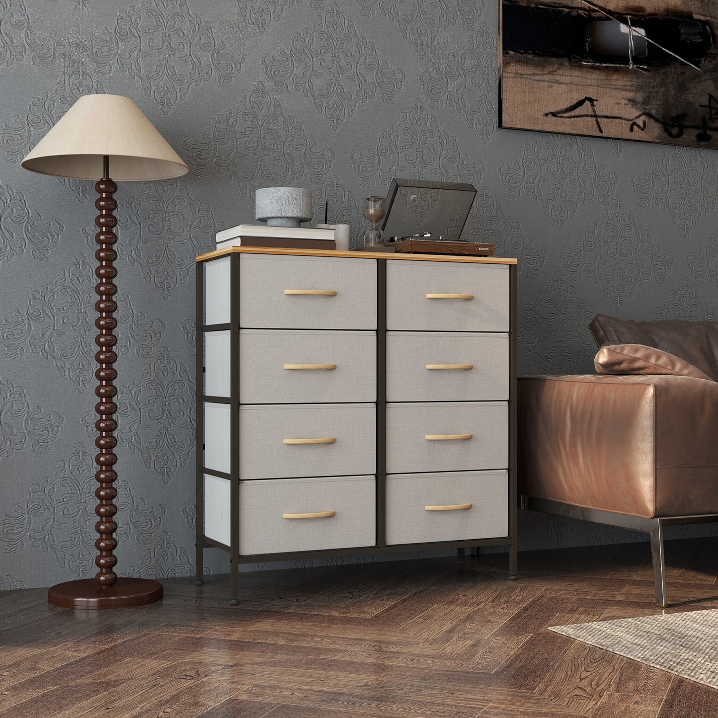 HOMCOM Fabric Chest Of Drawers With 8 Fabric Drawers Steel Frame And Wooden Top Cream White For Nursery