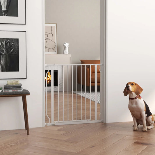 PawHut Extra Wide Dog Safety Gate with Door Pressure for Doorways, Hallways, Staircases - White, Expandable Pet Barrier
