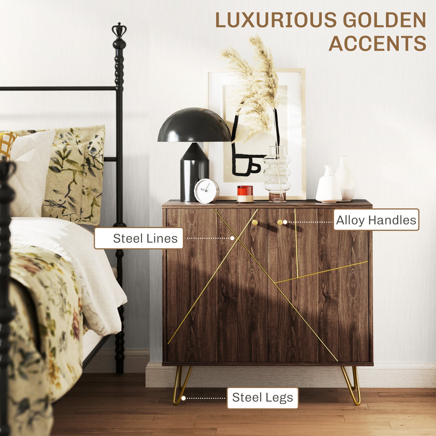 HOMCOM Modern Luxury Sideboard Cabinet With Golden Lines, Adjustable Shelf, Steel Harpin Legs, Brown
