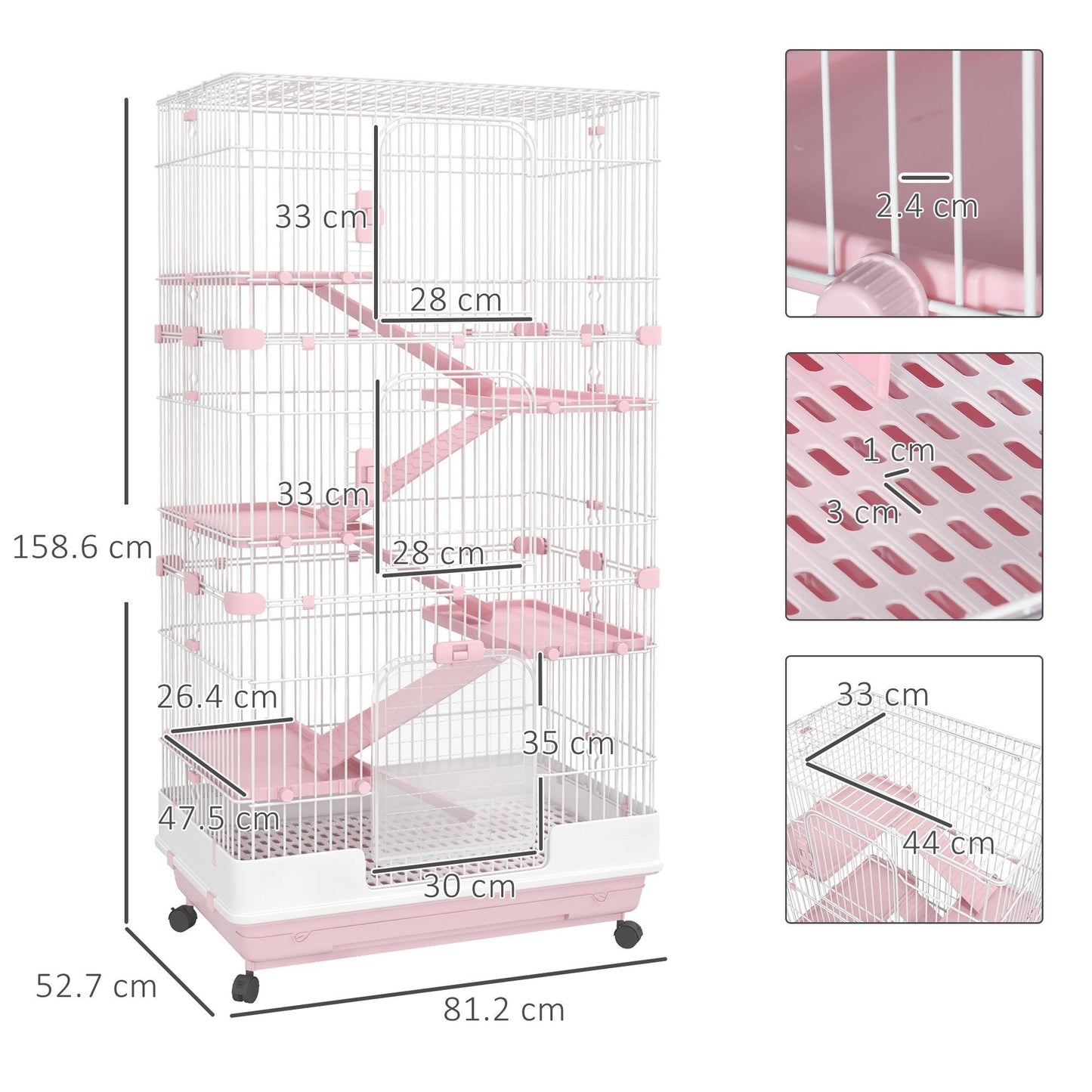 PawHut Small Animal Cage Indoor Bunny House with Wheels, Pink - ALL4U RETAILER LTD