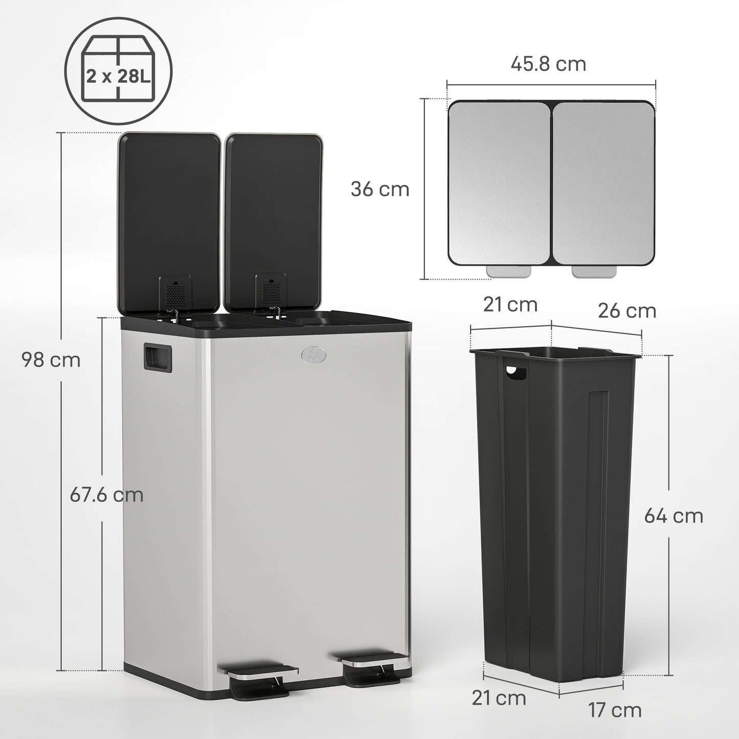 HOMCOM 56L Dual Compartment Stainless Steel Bin With Deodoriser Holders Silver Tone