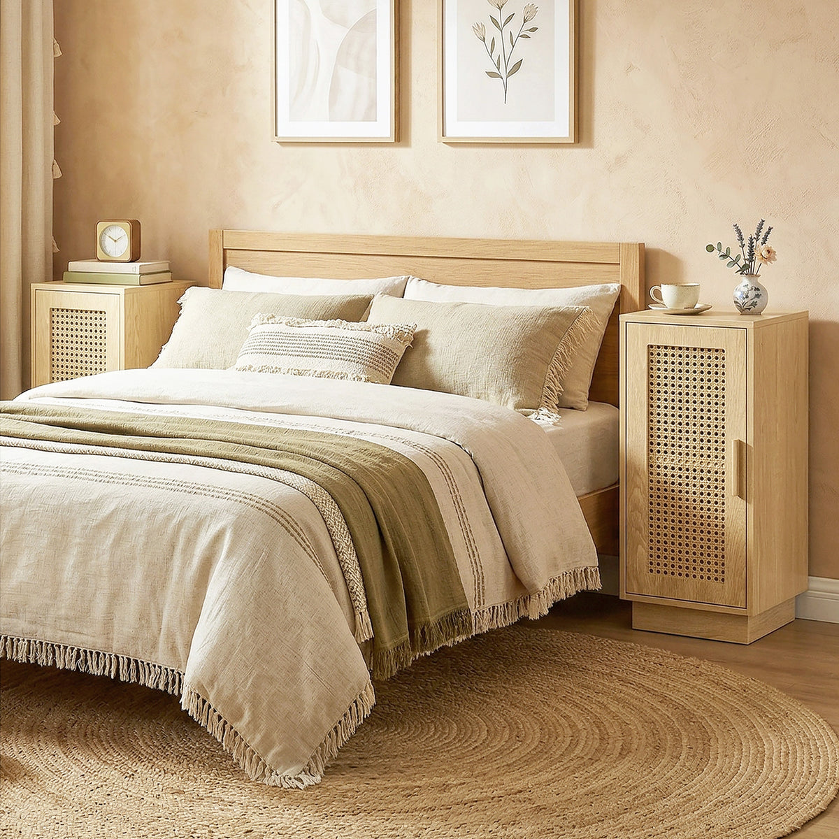 Rattan door slim nightstand pair with lattice front panels beside bed