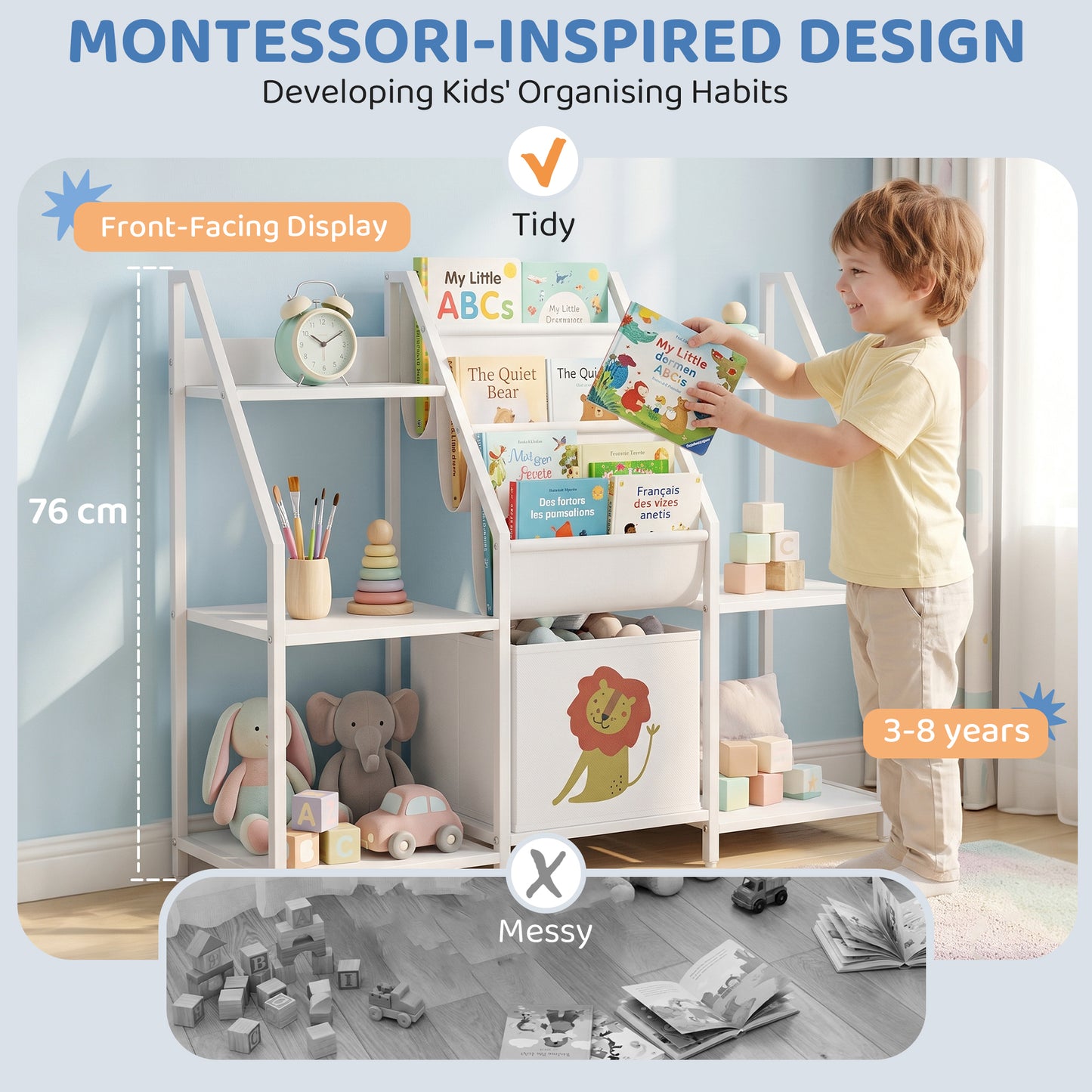 AIYAPLAY Kids Bookshelf And Toy Storage With 3 Tier Sling Book Rack And Fabric Drawer For Nursery Bedroom Playroom White