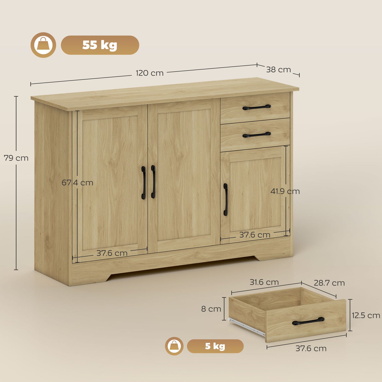 HOMCOM Sideboard With 2 Drawers And 3 Doors Modern Storage Cabinet With Adjustable Shelf Natural Finish
