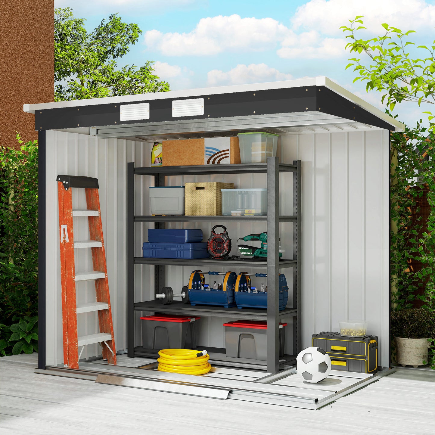 Outsunny 7 By 4Ft Galvanised Steel Garden Shed With Foundation Kit Double Door Two Vents Dark Grey