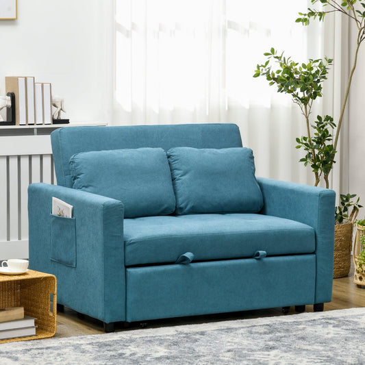 HOMCOM Loveseat Sofa Bed, Convertible Bed Settee with 2 Cushions, Side Pockets for Living Room, Blue - ALL4U RETAILER LTD